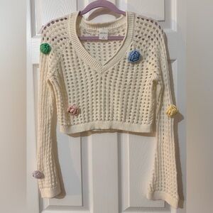 Wild Fable Cream V-Neck Sweater with Multicolor Pom Poms